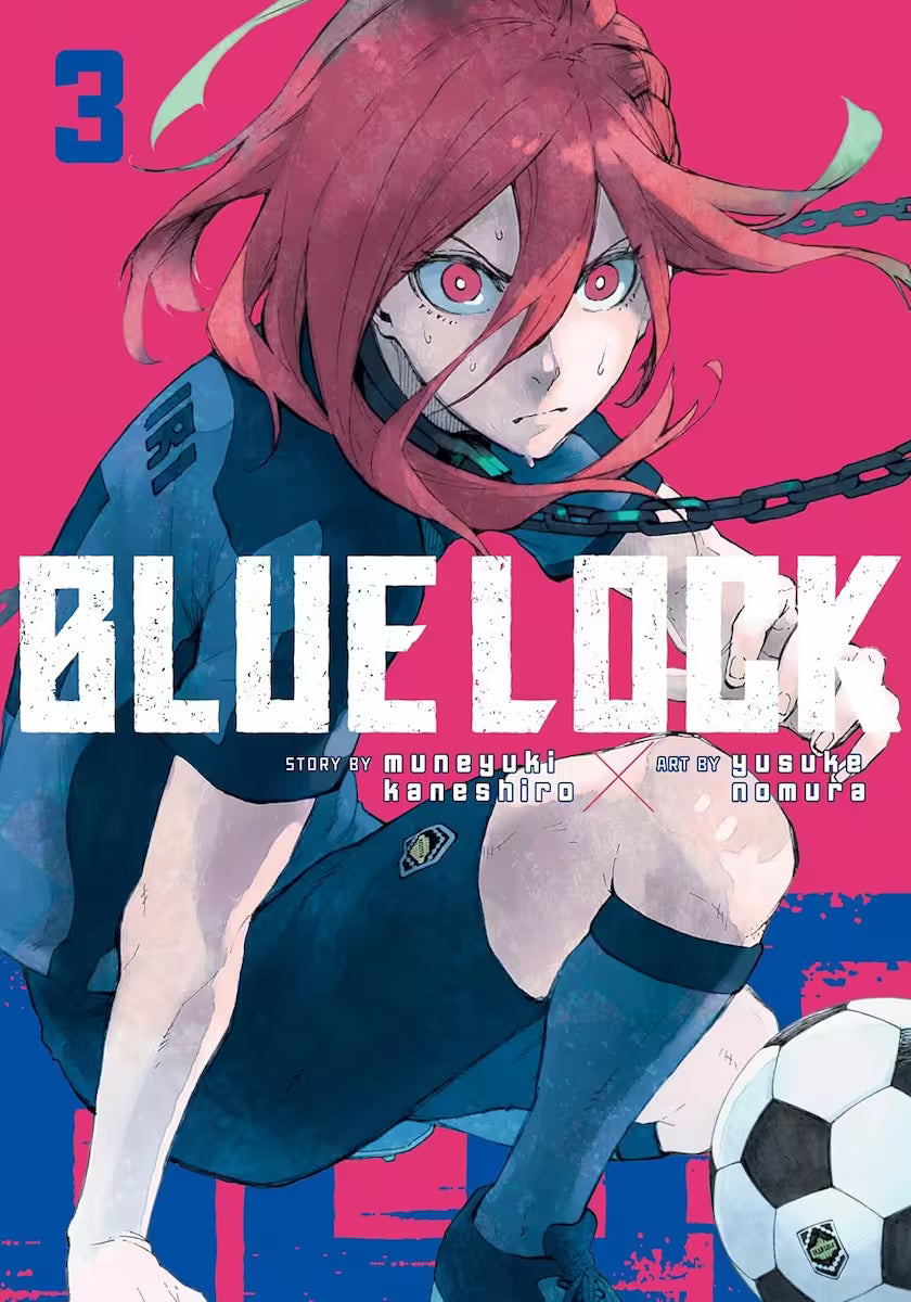 Manga forside til ‘Blue Lock’ bind 3, der viser en intens spiller med rødt hår og sved på panden, som knæler i kampstilling foran en pink baggrund.