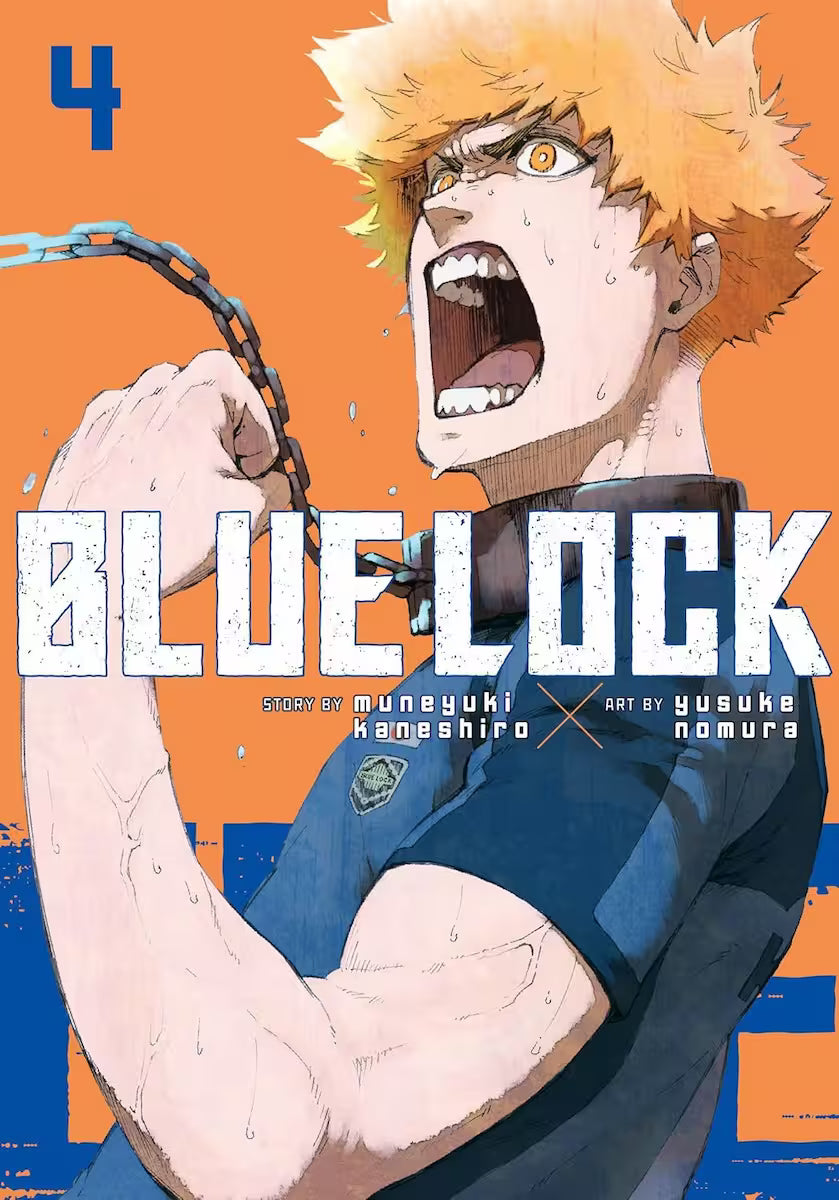 Manga forside til ‘Blue Lock’ bind 4, der viser en råbende spiller med orange hår og kæde om skulderen, sat mod en varm orange baggrund.
