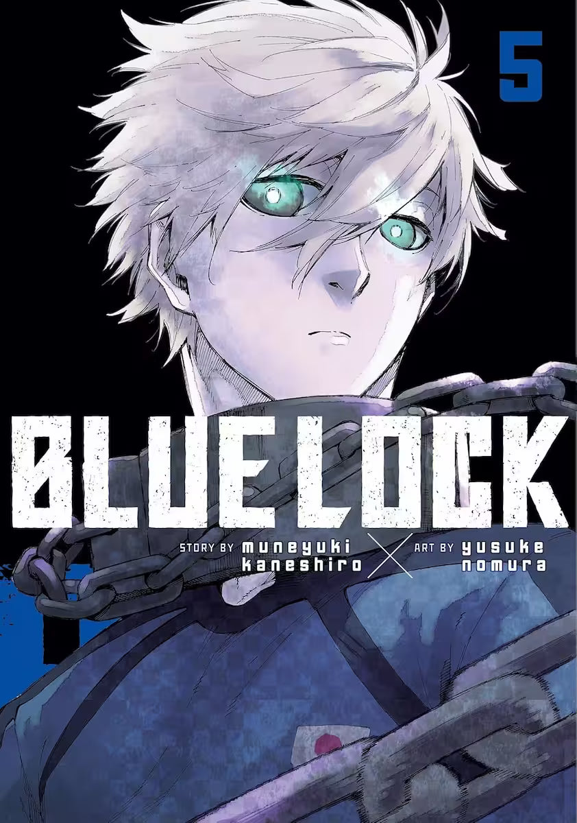 Manga forside til ‘Blue Lock’ bind 5, der viser en spiller med hvidt hår og skarpe grønne øjne, oplyst dramatisk mod en sort baggrund.