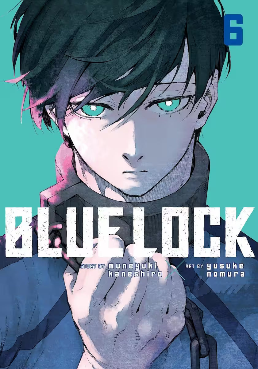 Manga forside til ‘Blue Lock’ bind 6, der viser en alvorlig spiller med mørkt hår og turkisfarvede øjne, som står tæt på kameraet foran en turkis baggrund.