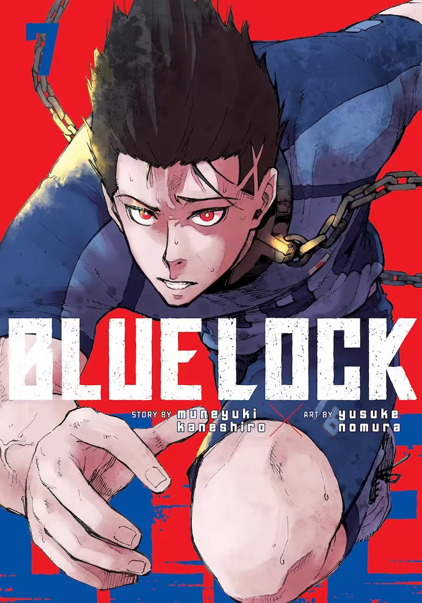 Manga forside til ‘Blue Lock’ bind 7, der viser en spiller i bevægelse med sort hår og røde øjne, lænket over skulderen, mod en kraftig rød baggrund.