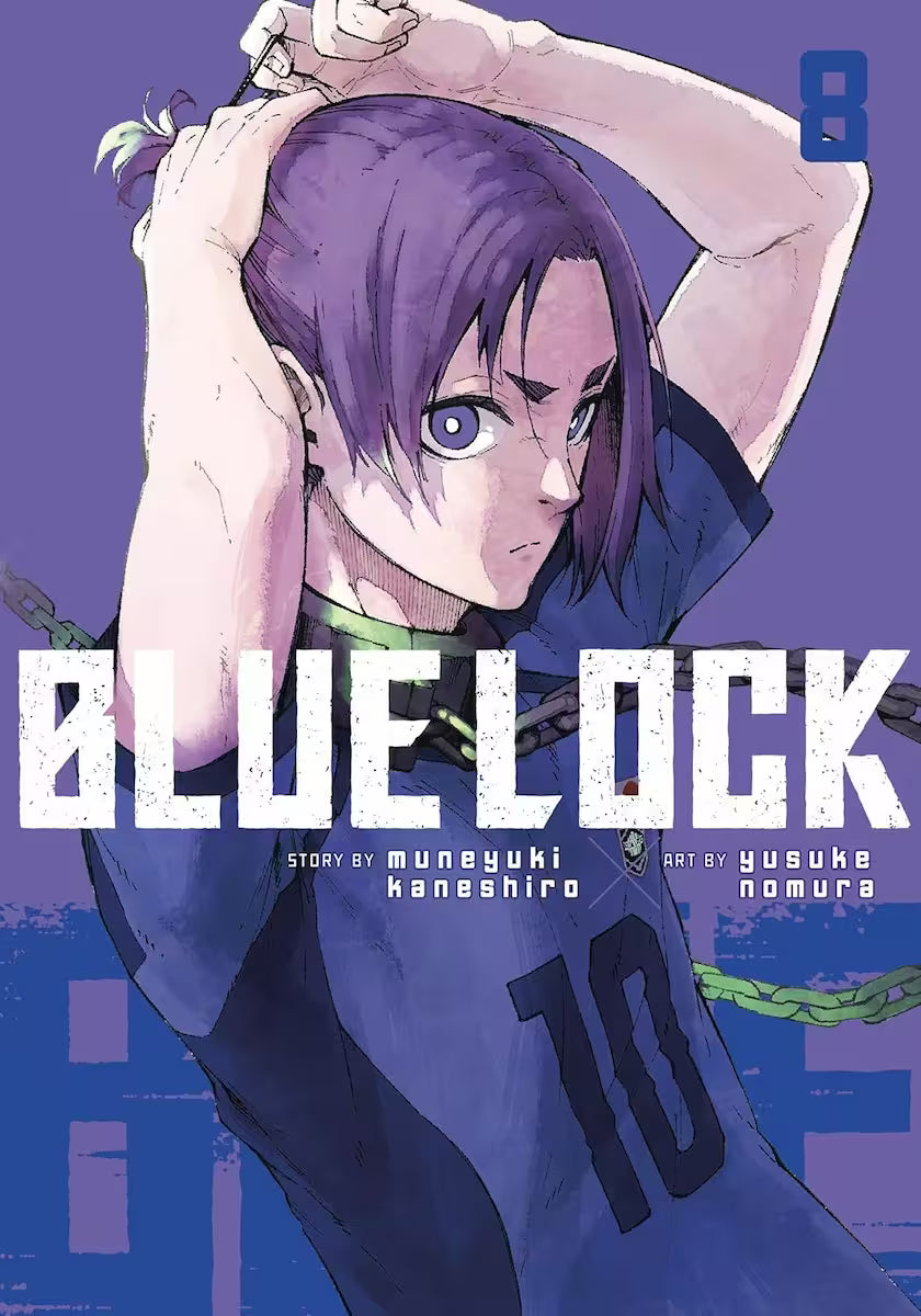 Manga forside til ‘Blue Lock’ bind 8, der viser en koncentreret spiller med lilla hår, som binder sit hår op foran en lilla baggrund.