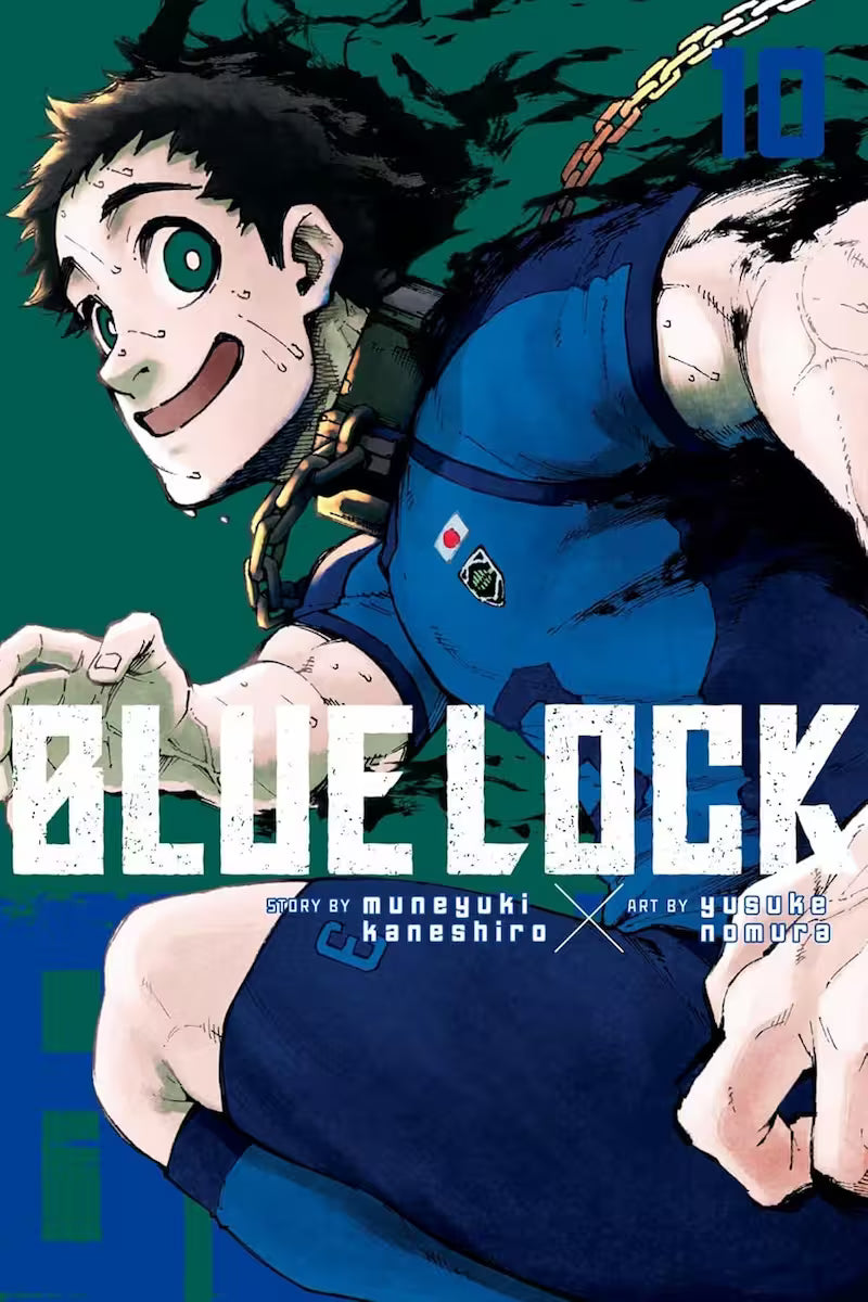 Manga forside til ‘Blue Lock’ bind 10, der viser en svedig spiller i blå dragt, der løber fremad med et stort smil foran en mørk grøn baggrund.