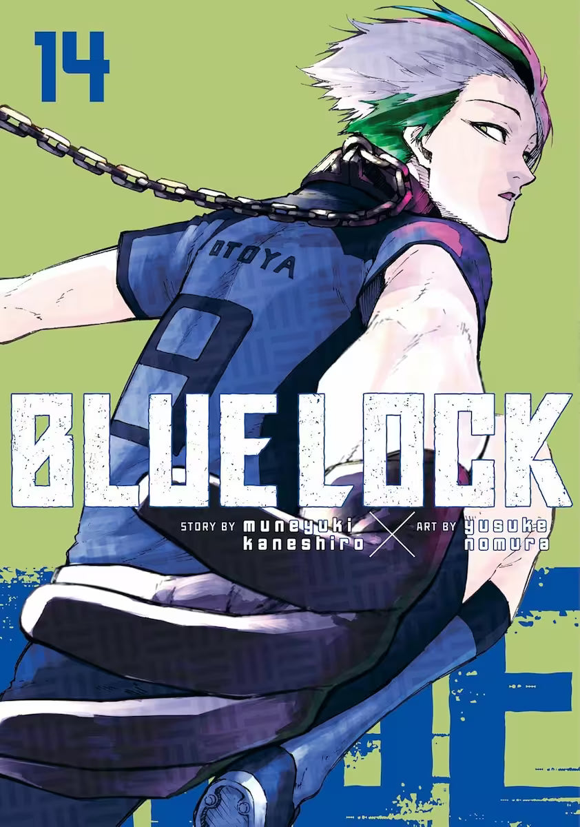 Manga forside til ‘Blue Lock’ bind 14, der viser en spiller med kort, lyst hår med grønne og pink striber, der ser over skulderen mod en olivengrøn baggrund.