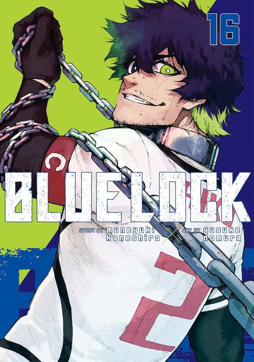 Image of Manga forside til ‘Blue Lock’ bind 16, der viser en svedig spiller med mørkt hår og skarpe grøn-gule øjne, der trækker i tunge kæder mod en lys grøn baggrund.