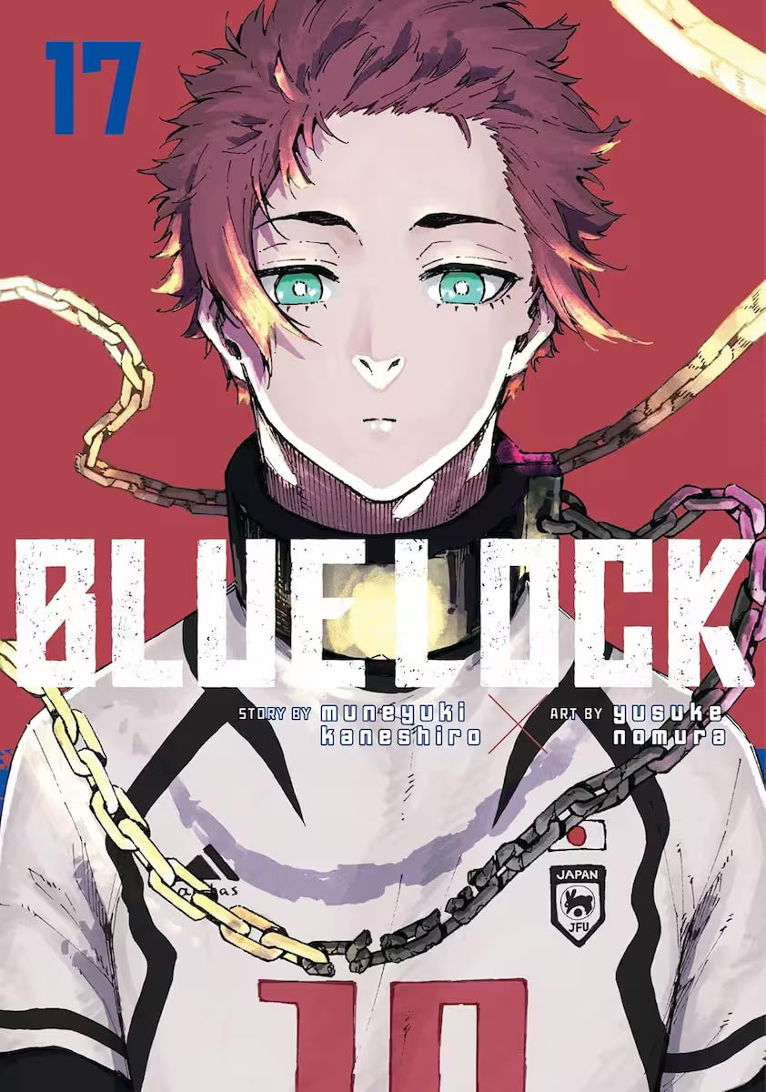 Manga forside til ‘Blue Lock’ bind 17, der viser en rolig spiller med kort, rødbrunt hår og blågrønne øjne, omgivet af kæder foran en mørkerød baggrund.