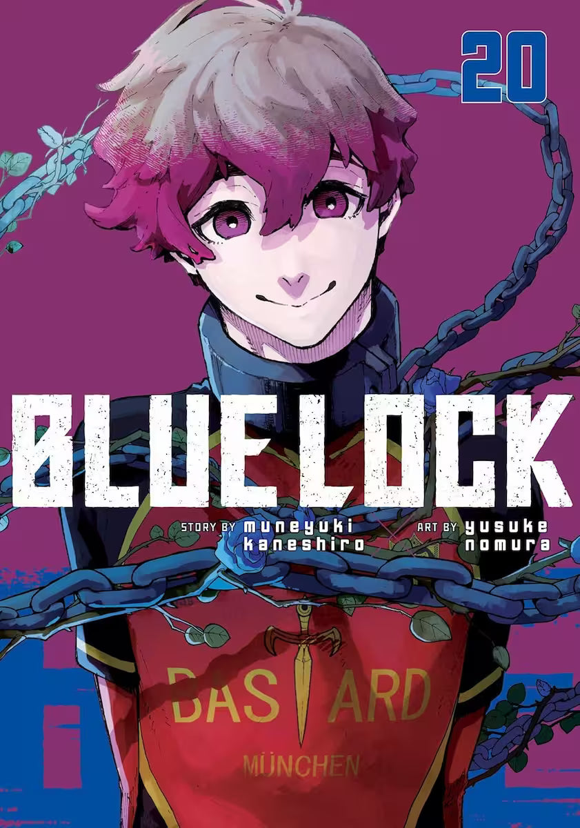 Image of Manga forside til ‘Blue Lock’ bind 20, der viser en spiller iført en 'Bastard München' spilletrøje med pink og brunt hår, der smiler blidt, omgivet af blå kæder og roser mod en lilla baggrund.