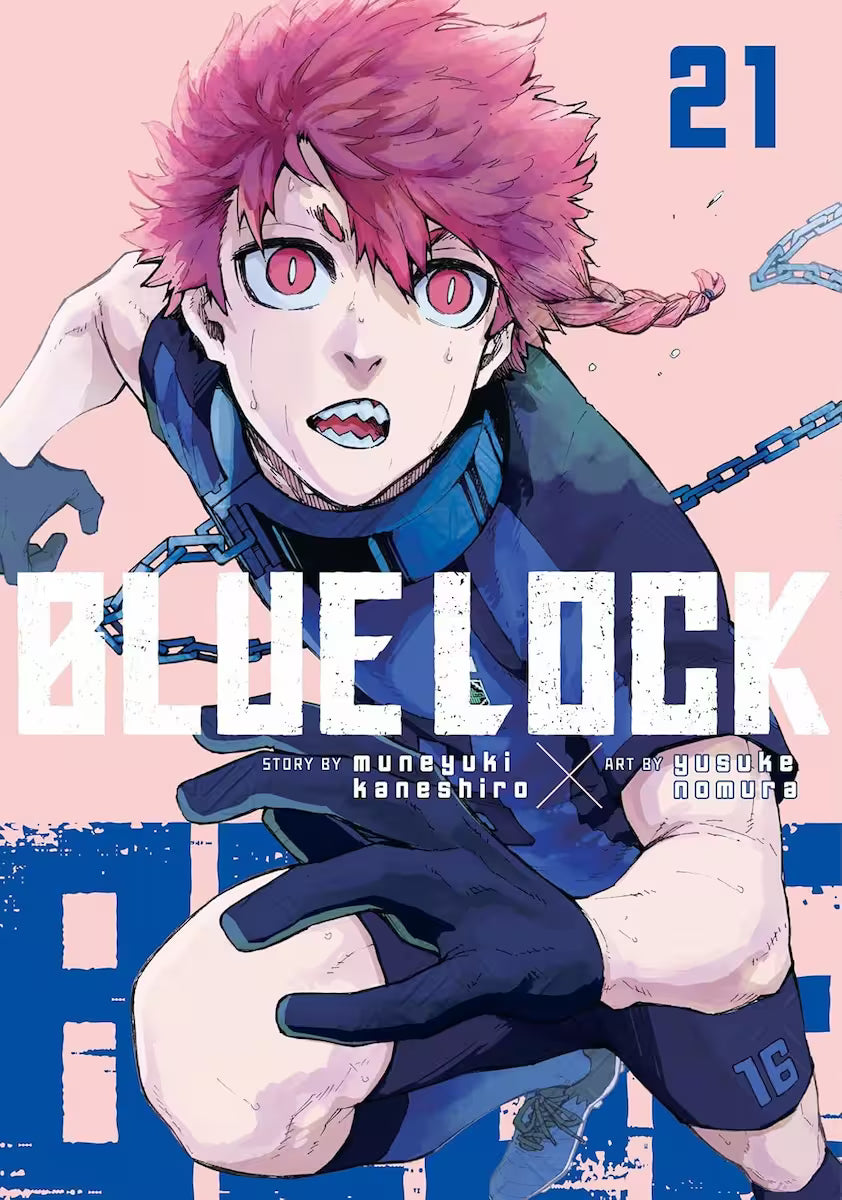 Manga forside til ‘Blue Lock’ bind 21, der viser en spiller med pink hår og skarpe tænder, som svedig kaster sig fremad mod en lys rosa baggrund.