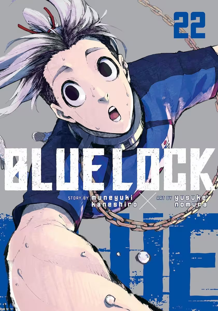 Manga forside til ‘Blue Lock’ bind 22, der viser en spiller med lyst, opsat hår og store mørke øjne, som rækker armen frem mod en grå baggrund.