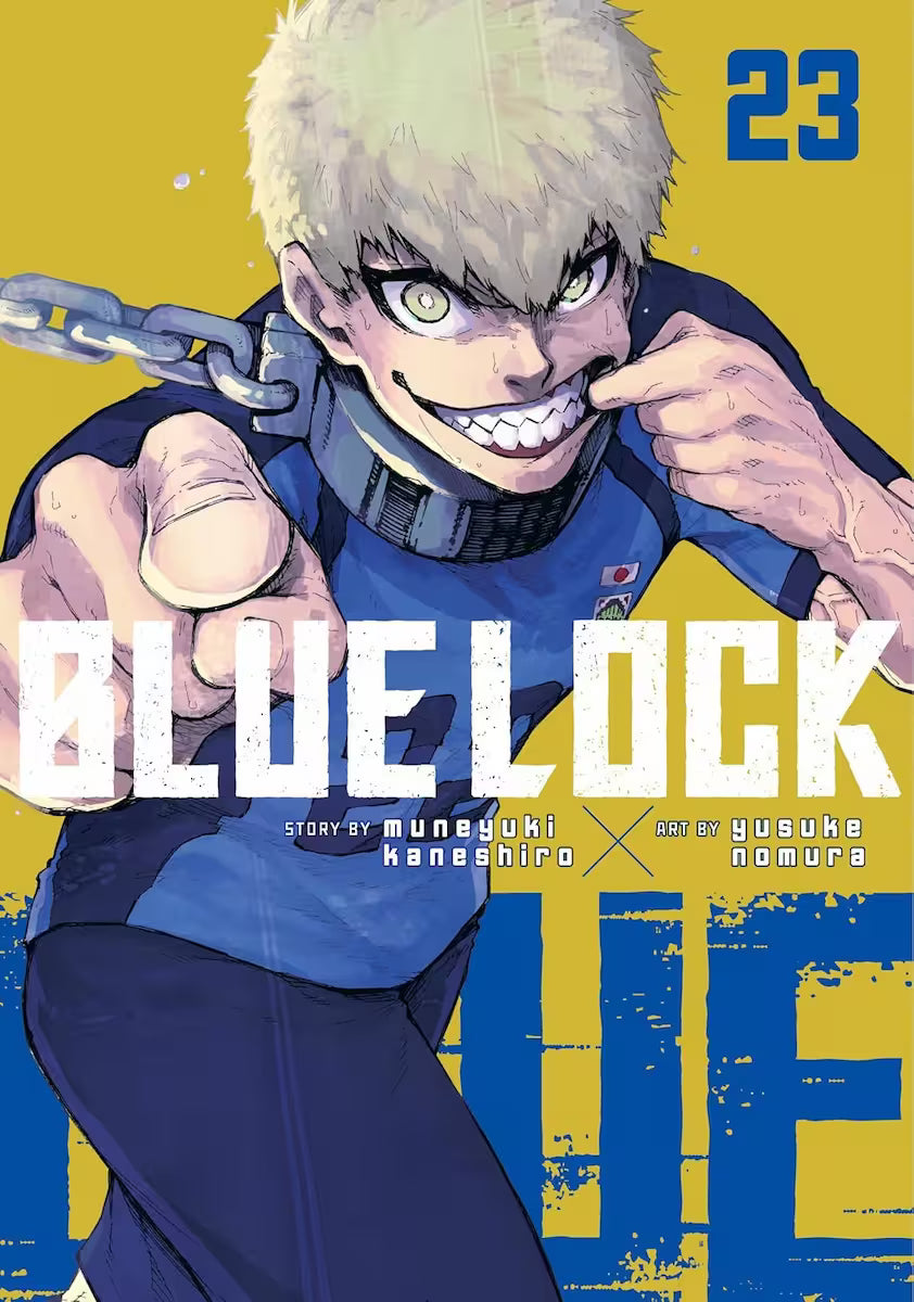 Manga forside til ‘Blue Lock’ bind 23, der viser en uhyggeligt smilende spiller med kort blond hår, der peger mod læseren foran en gul baggrund.