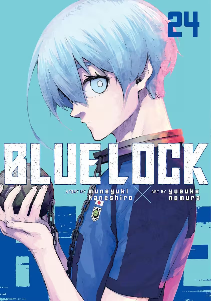 Manga forside til ‘Blue Lock’ bind 24, der viser en spiller med lyseblåt hår og lyseblå øjne, som holder en metalbold tæt ind til kroppen mod en lyseblå baggrund.