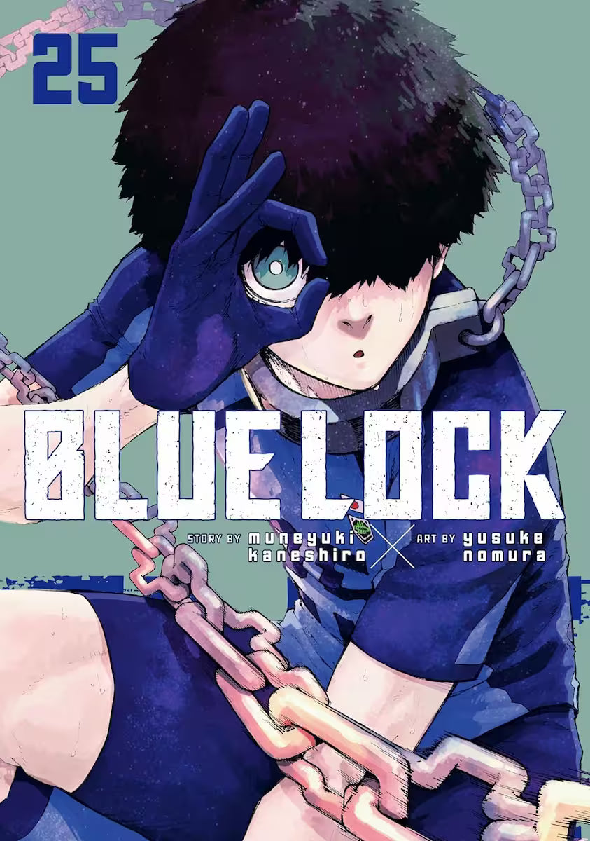 Manga forside til ‘Blue Lock’ bind 25, der viser en spiller med mørkt, busket hår, som laver en håndgestus med én åben blå handske mod en grønlig baggrund.