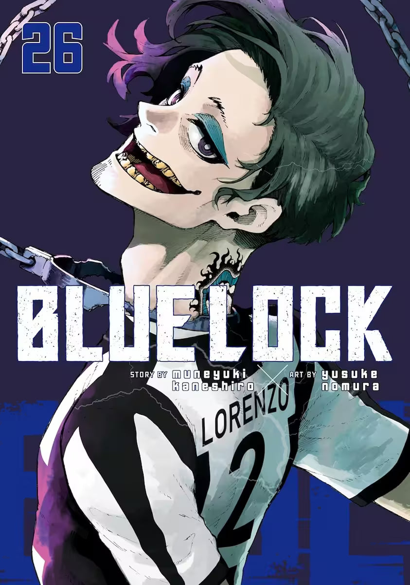 Manga forside til ‘Blue Lock’ bind 26, der viser en spiller med skævt smil og tatoveret i nakken. Navnet Lorenzo på ryggen, mørkt hår og farvestrøg i makeup, vendt mod siden foran en mørklilla baggrund.