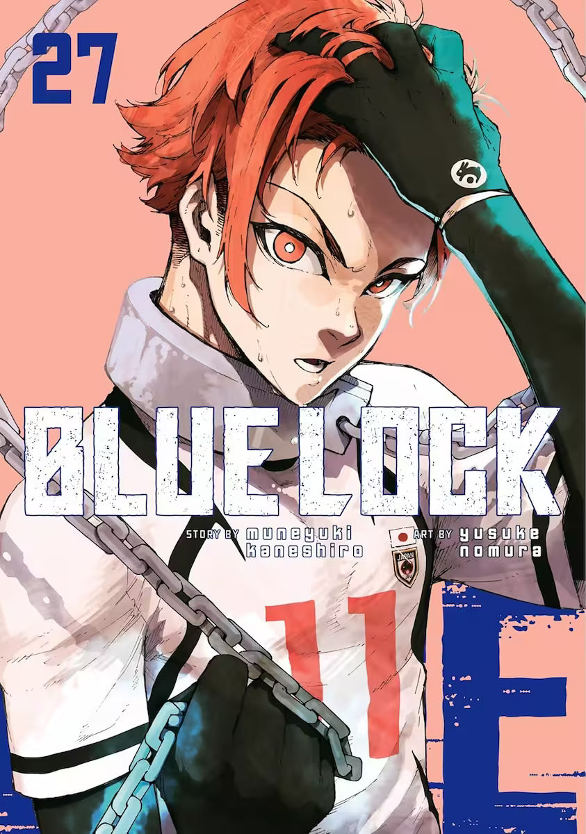Manga forside til ‘Blue Lock’ bind 27, der viser en spiller med kort rødt hår og intense øjne, der griber sig i håret foran en lyserød baggrund.