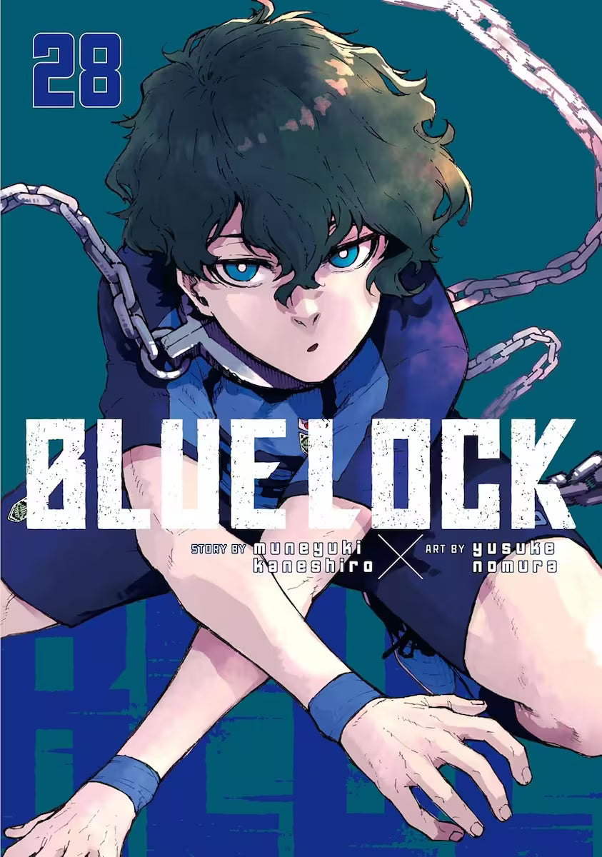 Manga forside til ‘Blue Lock’ bind 28, der viser en spiller med mørke krøller og blå øjne, som sidder i foroverbøjet kampstilling mod en mørk turkis baggrund.