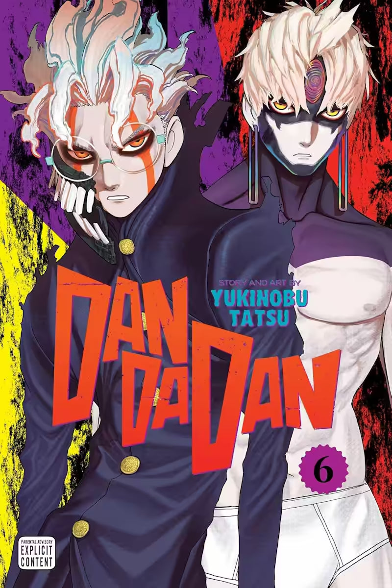 Manga forside til ‘Dandadan’ bind 6, der viser to personer side om side, begge med intense udtryk og markante ansigtsmarkeringer, mod en dramatisk baggrund i røde, gule og lilla nuancer.