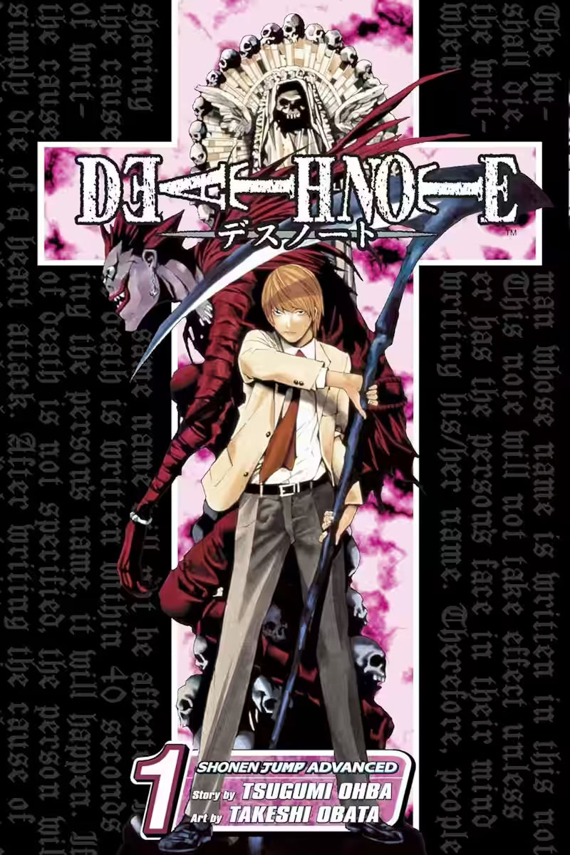 Manga-forside til ‘Death Note’ bind 1, der viser Light Yagami stående med en segl-lignende skygge bag sig, mens Ryuk hæver sig truende over ham. Baggrunden er fyldt med mørke kranier og en lyserød himmel, indrammet af sorte tekstpaneler.