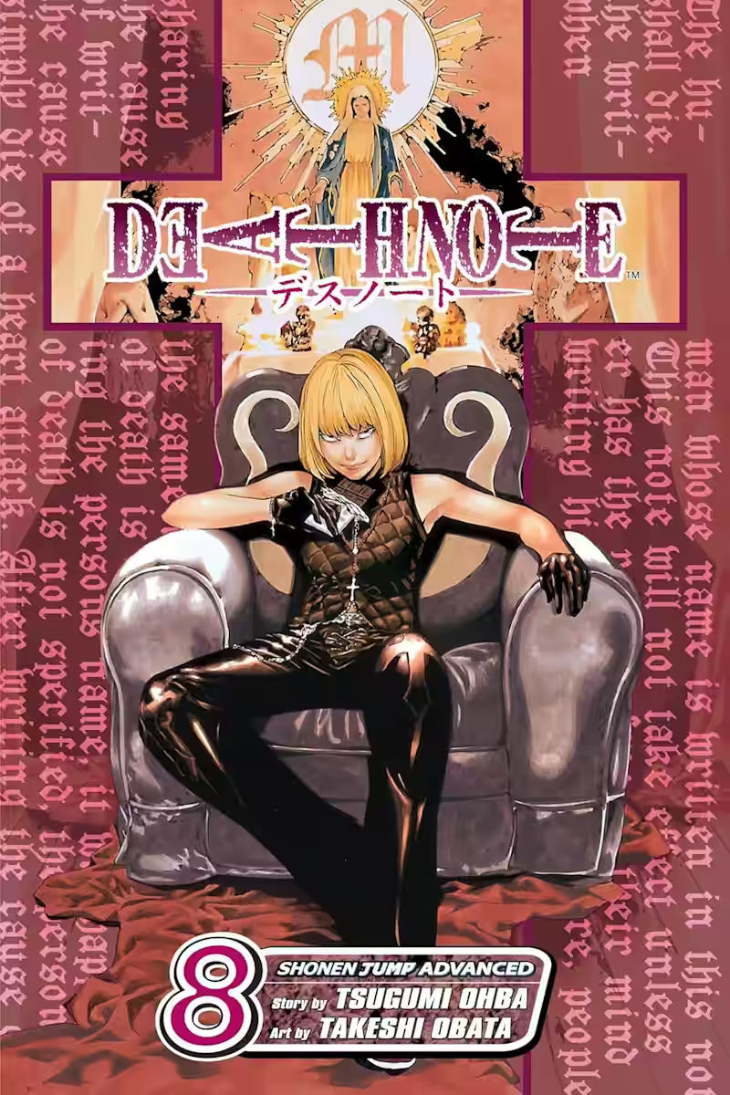 Manga-forside til ‘Death Note’ bind 8, der viser Misa Amane siddende selvsikkert i en stor stol med korssmykke og sorte handsker, omgivet af varme røde og gyldne toner samt et ikonlignende motiv bag hende.