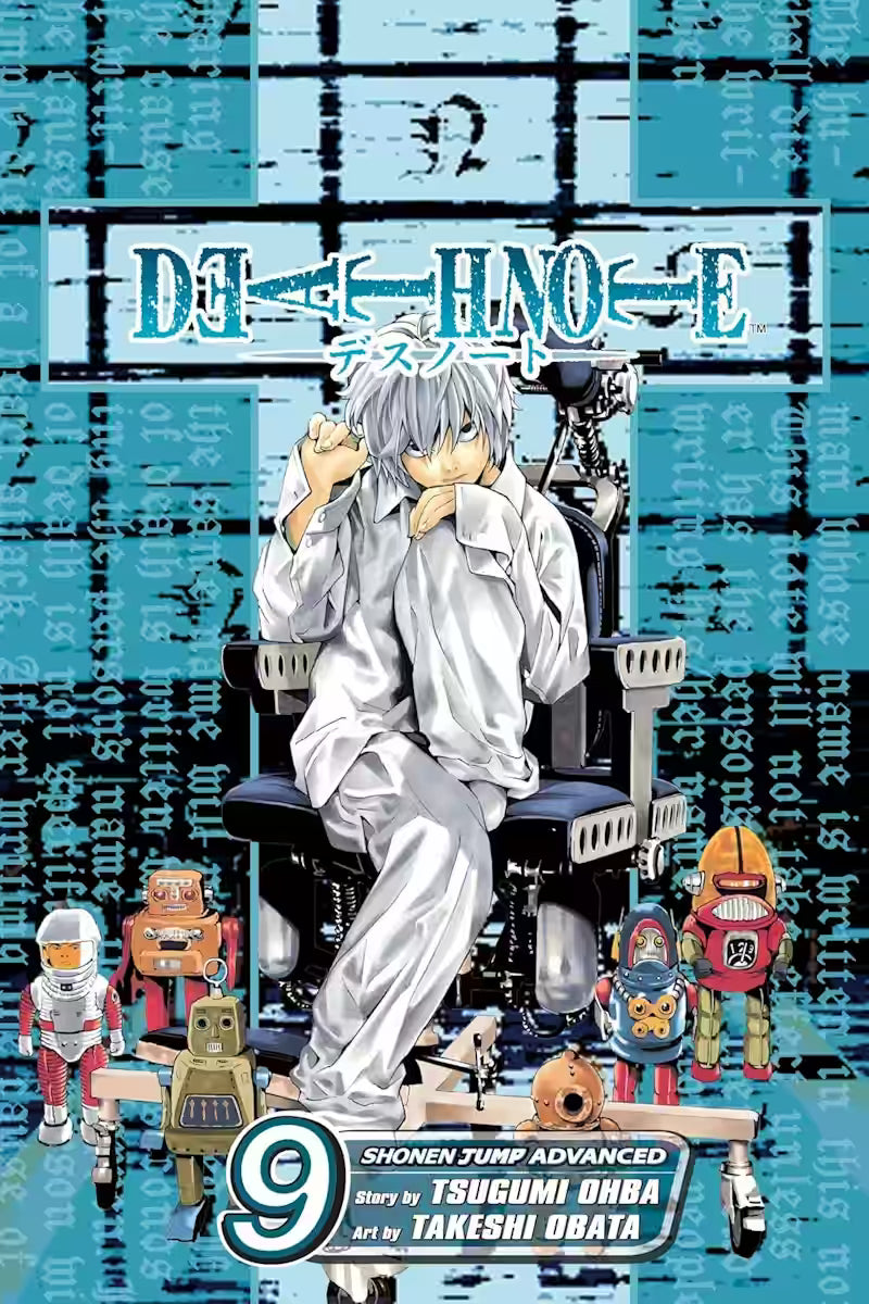 Manga-forside til ‘Death Note’ bind 9, der viser Near siddende i en mekanisk stol i hvid pyjamas, omgivet af små legetøjsrobotter foran en blå baggrund med den velkendte Death Note tekst.