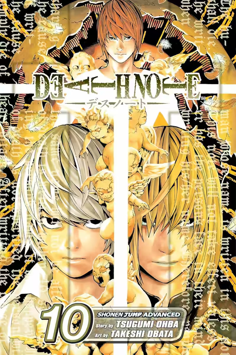 Manga-forside til ‘Death Note’ bind 10, der viser Light Yagami, Near og Mello placeret i en trefeltet komposition omgivet af gyldne, englelignende figurer, mens en hvid korsform deler billedet.