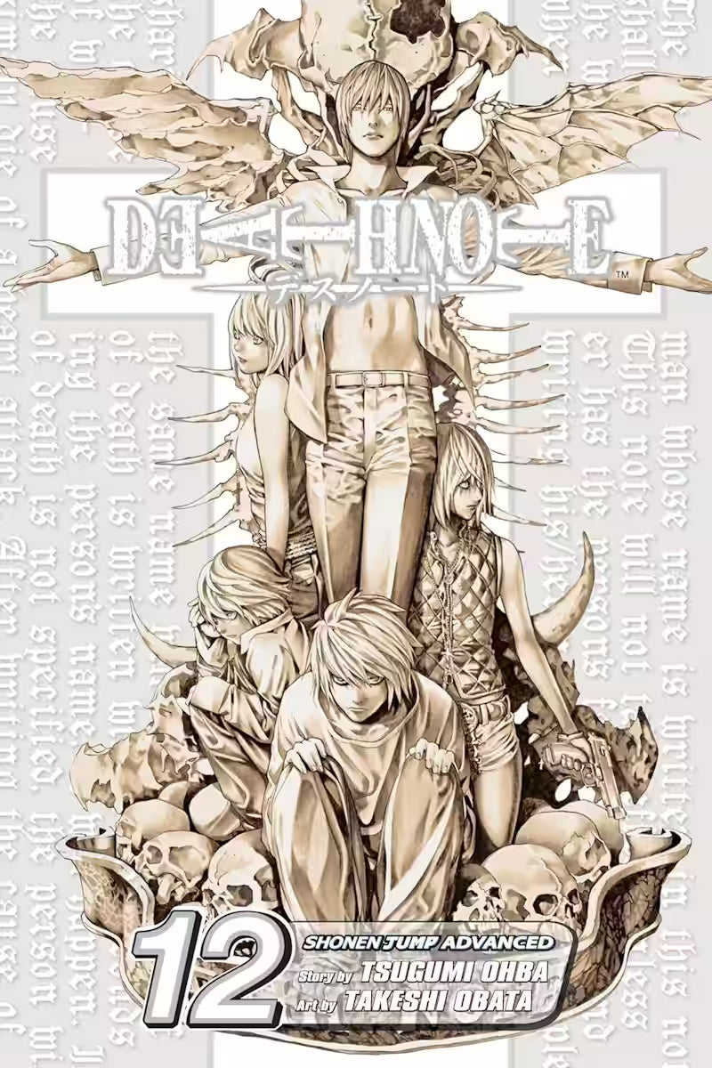 Manga-forside til ‘Death Note’ bind 12, der viser Light Yagami hævet som et centralt midtpunkt omgivet af Misa, Near, Mello og andre karakterer, alle gengivet i en sepiafarvet collage af knogler, vinger og kranier.