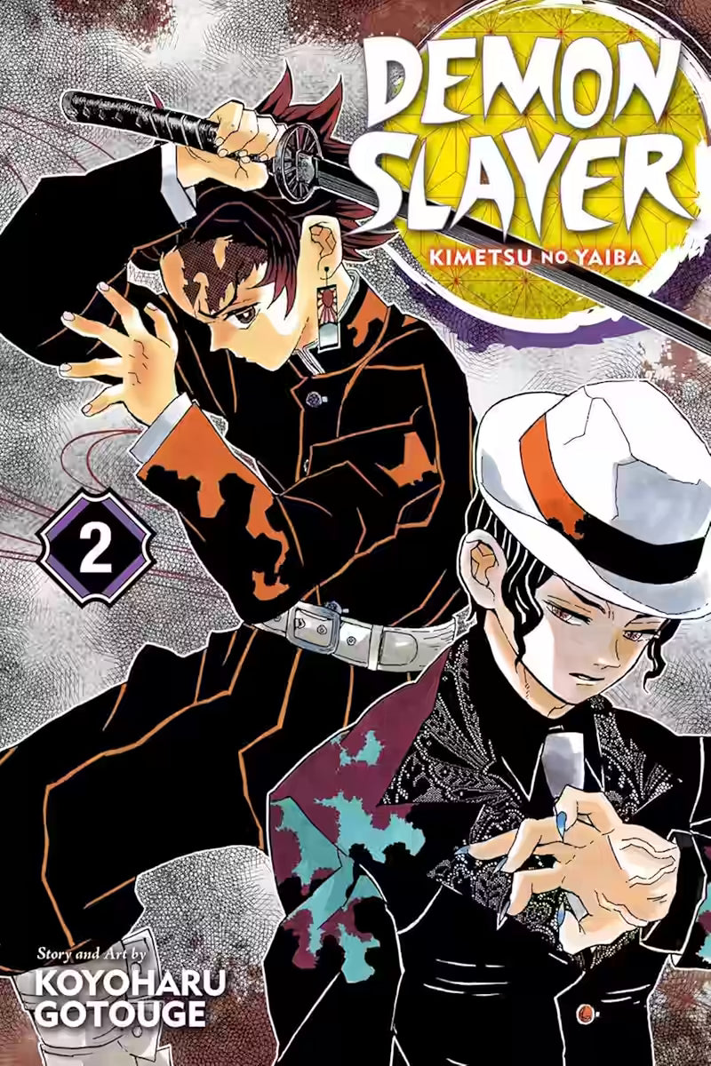 Demon Slayer vol. 2 forside med Tanjiro Kamado og Muzan Kibutsuji.