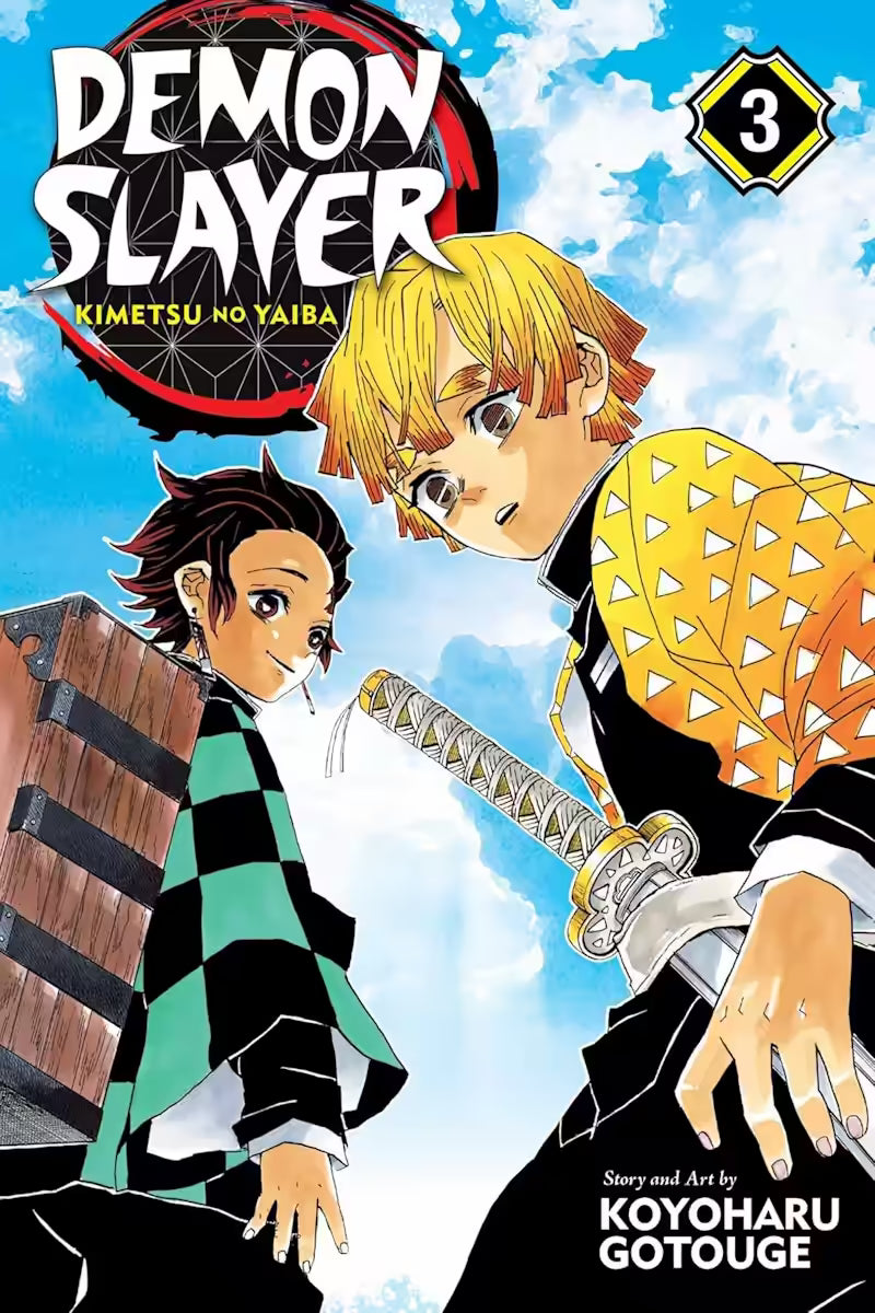Image of Manga-forside til ‘Demon Slayer’ bind 3, der viser Tanjiro Kamado og Zenitsu Agatsuma side om side mod en lys himmel, med Tanjiros trækasse og Zenitsus gule haori tydeligt i forgrunden.