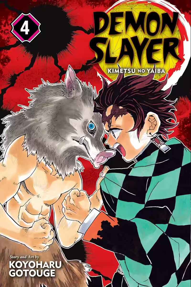 Manga-forside til ‘Demon Slayer’ bind 4, der viser Tanjiro Kamado i et ophedet sammenstød med Inosuke Hashibira, som bærer sit ikoniske vildsvinehoved.