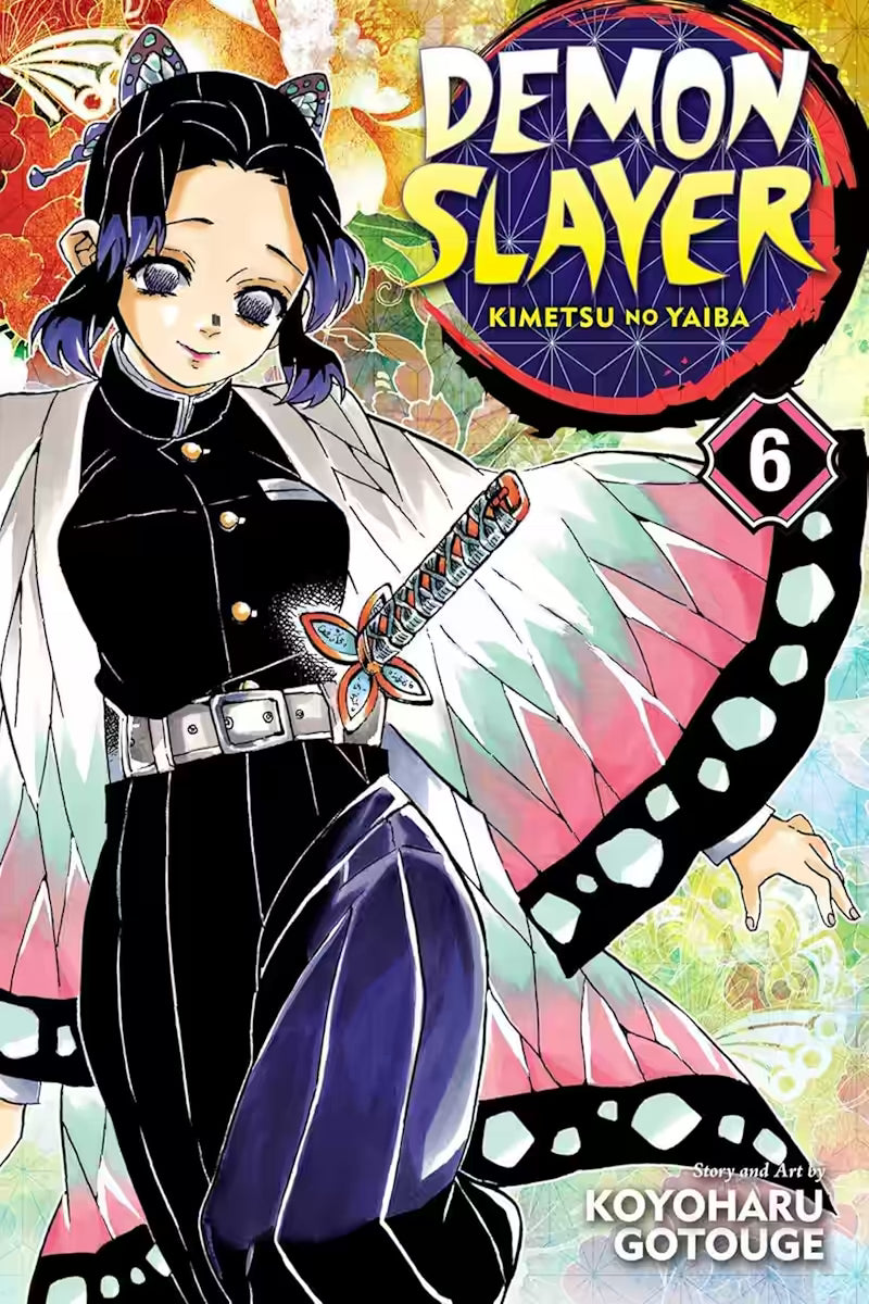Manga-forside til ‘Demon Slayer’ bind 6, der viser Shinobu Kocho smilende i sin sommerfugleinspirerede haori, med sværdet ved siden og et farverigt blomsterbaggrund.