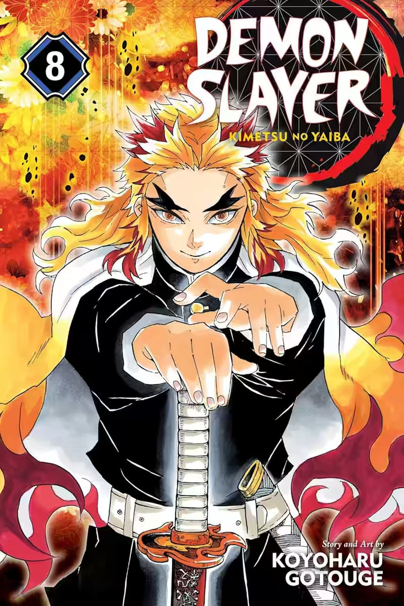 Image of Manga-forside til ‘Demon Slayer’ bind 8, der viser Kyojuro Rengoku stående frontalt med begge hænder fremme over flammende motiver, mens hans ildfarvede hår spreder sig bagud.