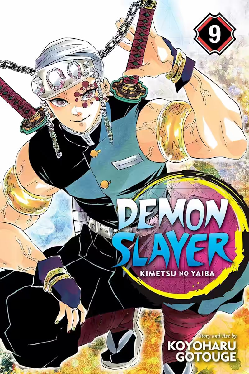 Manga-forside til ‘Demon Slayer’ bind 9, der viser Tengen Uzui i et dynamisk posering med sine dobbeltsabler hængende i kæder, omgivet af gnistrende farver.