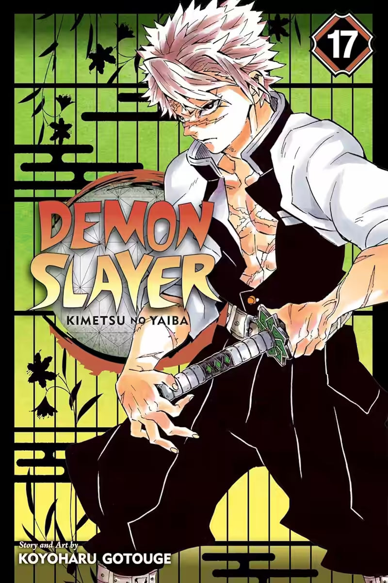 Manga-forside til ‘Demon Slayer’ bind 17, der viser Sanemi Shinazugawa i åben uniform med synlige ar og fremhævede muskler foran en grøn shoji-baggrund.