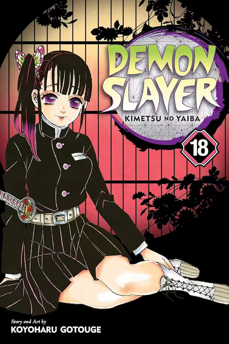 Manga-forside til ‘Demon Slayer’ bind 18, der viser Kanao Tsuyuri siddende med sin sommerfuglepynt i håret og sin katana ved siden foran en rosa shoji-baggrund.
