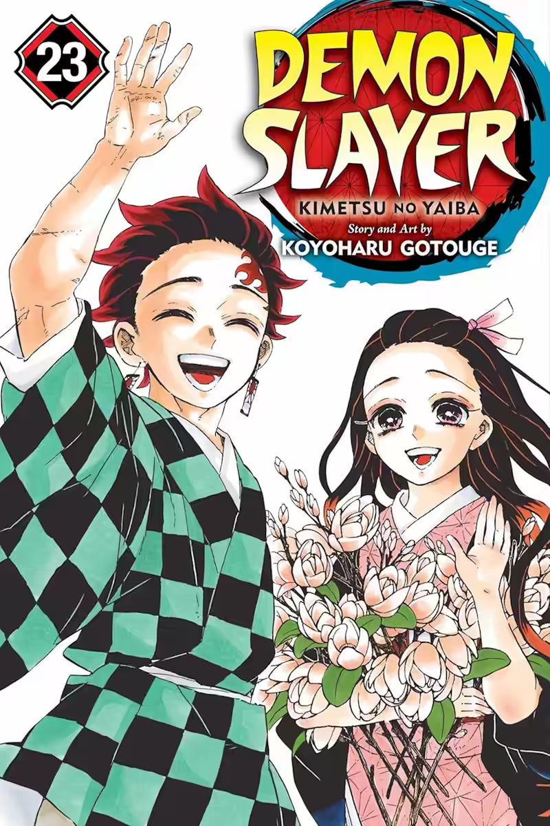 Image of Manga-forside til ‘Demon Slayer’ bind 23, der viser Tanjiro Kamado og Nezuko Kamado smilende side om side, mens Nezuko holder en stor buket lyse blomster.
