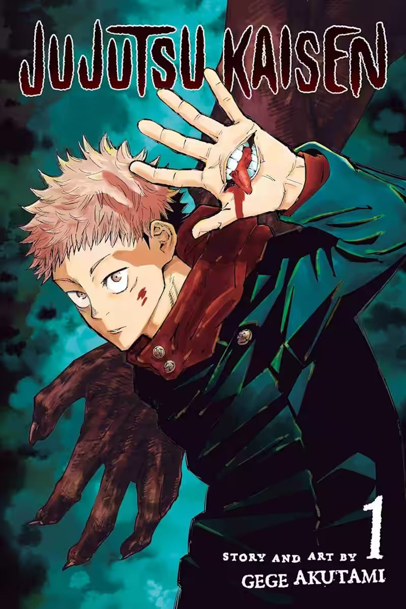 Image of Manga forside til ‘Jujutsu Kaisen’ bind 1, med en Yuji Itadori i mørkt tøj, der løfter hånden mod beskueren med een mund der rækker tunge i håndfladen, mens en stor skyggeagtig hånd ses bagved.