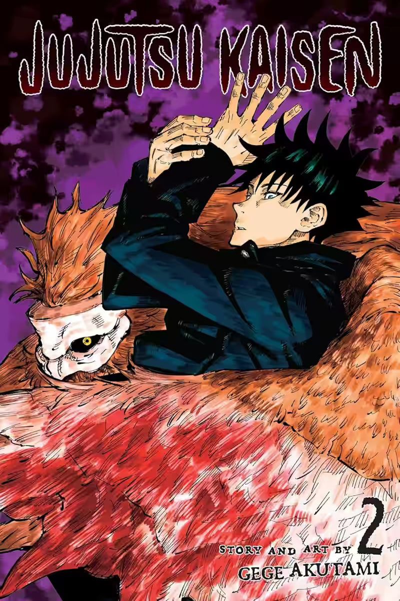Image of Manga forside til ‘Jujutsu Kaisen’ bind 2, der viser en mørkhåret person i sort jakke, som løfter armene op foran sig, omgivet af en stor rød og orange fjerklædt skabning.