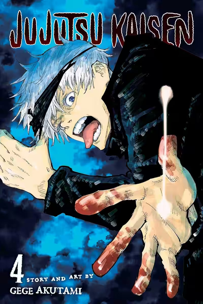 Image of Manga forside til ‘Jujutsu Kaisen’ bind 4, der viser en lyshåret person med sort øjenbind, som kaster sig fremad med hånden strakt mod beskueren, omgivet af mørke og blålige skyer.