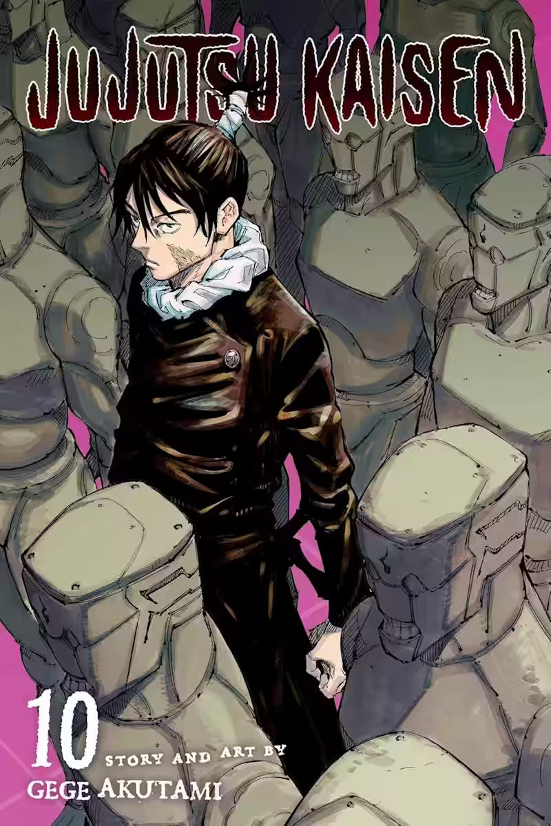 Manga forside til ‘Jujutsu Kaisen’ bind 10, der viser en ung mand i mørkt tøj omgivet af grå robotter på en magentafarvet baggrund.