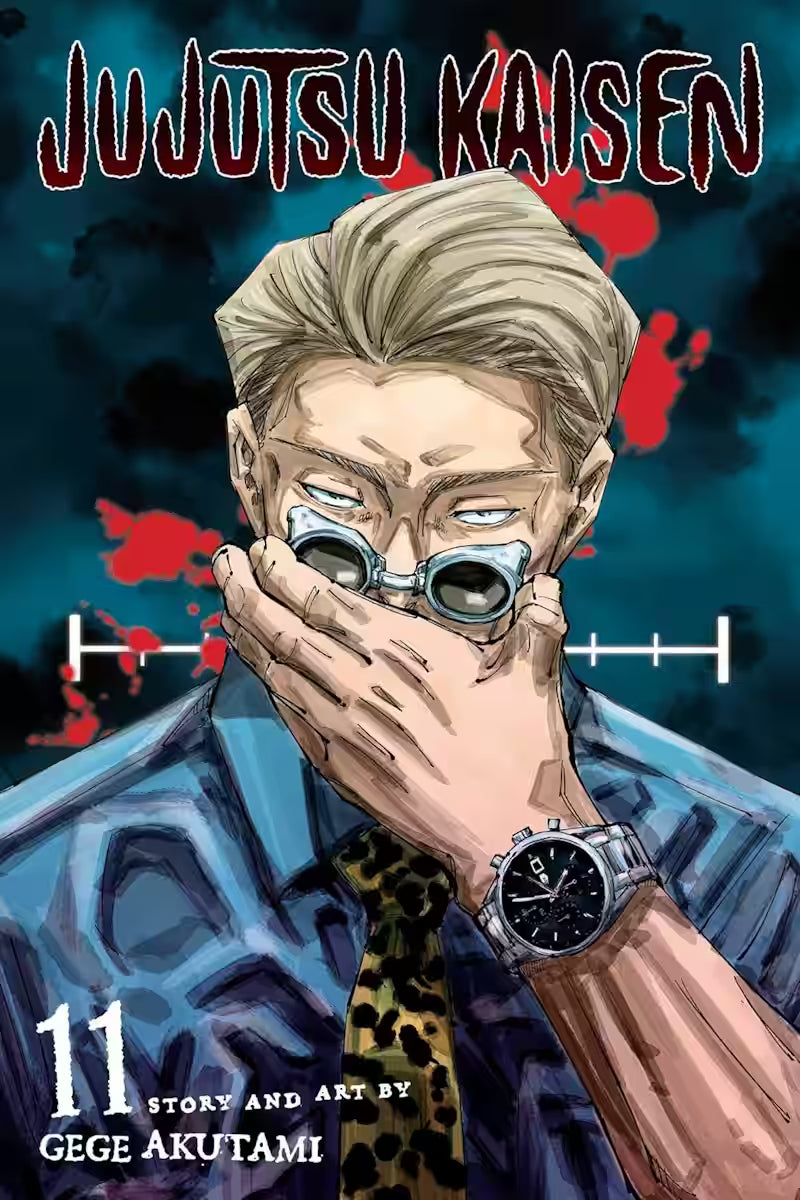 Manga forside til ‘Jujutsu Kaisen’ bind 11, der viser en mand i skjorte og slips, som dækker munden med hånden, mens blodpletter svæver bag ham i mørke nuancer.