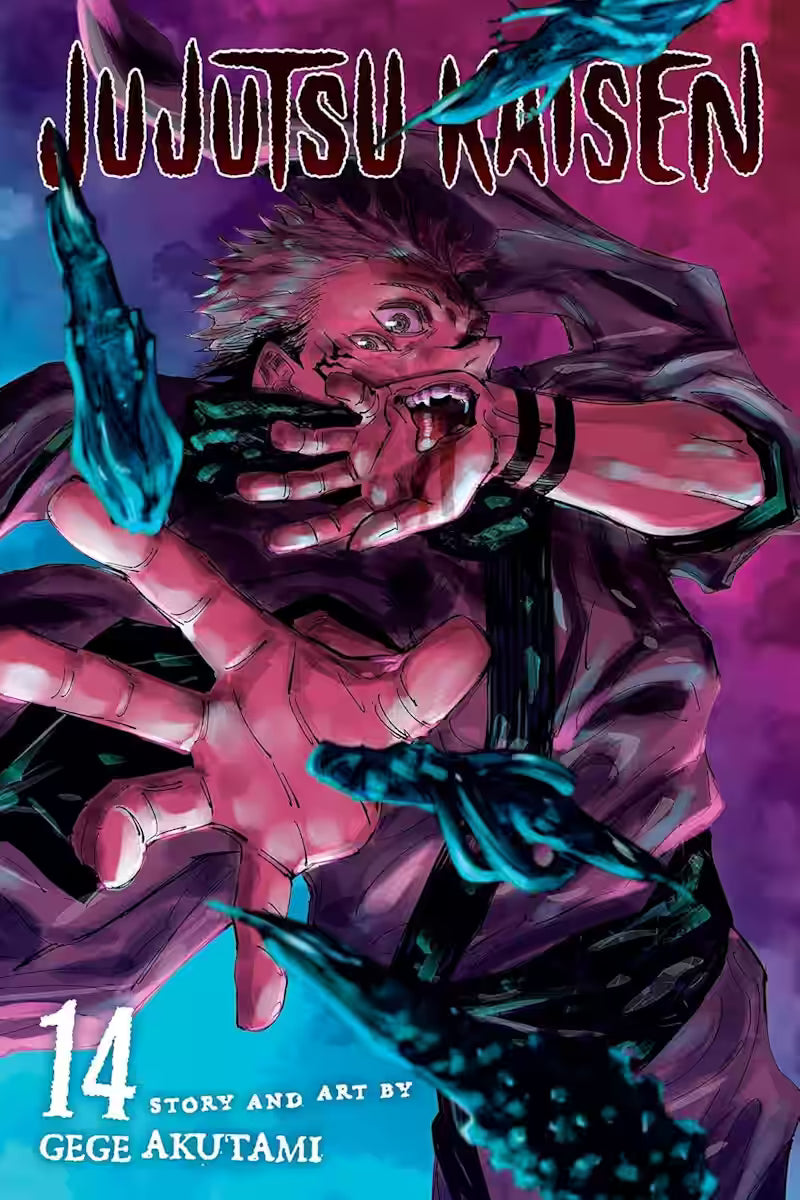 Image of Manga forside til ‘Jujutsu Kaisen’ bind 14, der viser en karakter i kampstilling, omgivet af mørkeblå kløer eller skygger på en rosa-blå baggrund. Han har en åben mund i håndfladen og et ekstra øje på kinden.