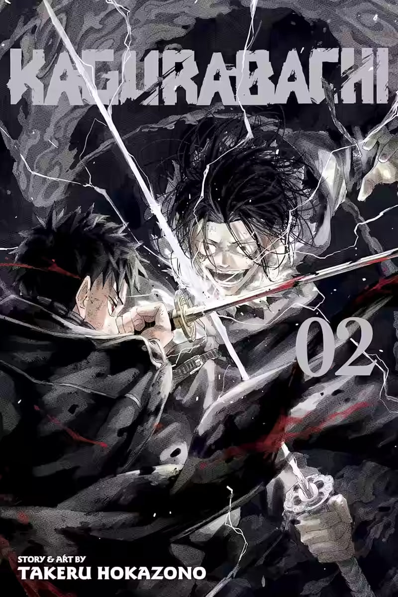 Kagurabachi Vol. 2 manga cover. Forside med Chihiro i intenst sværdslag omgivet af lyn og mørke røgformationer.