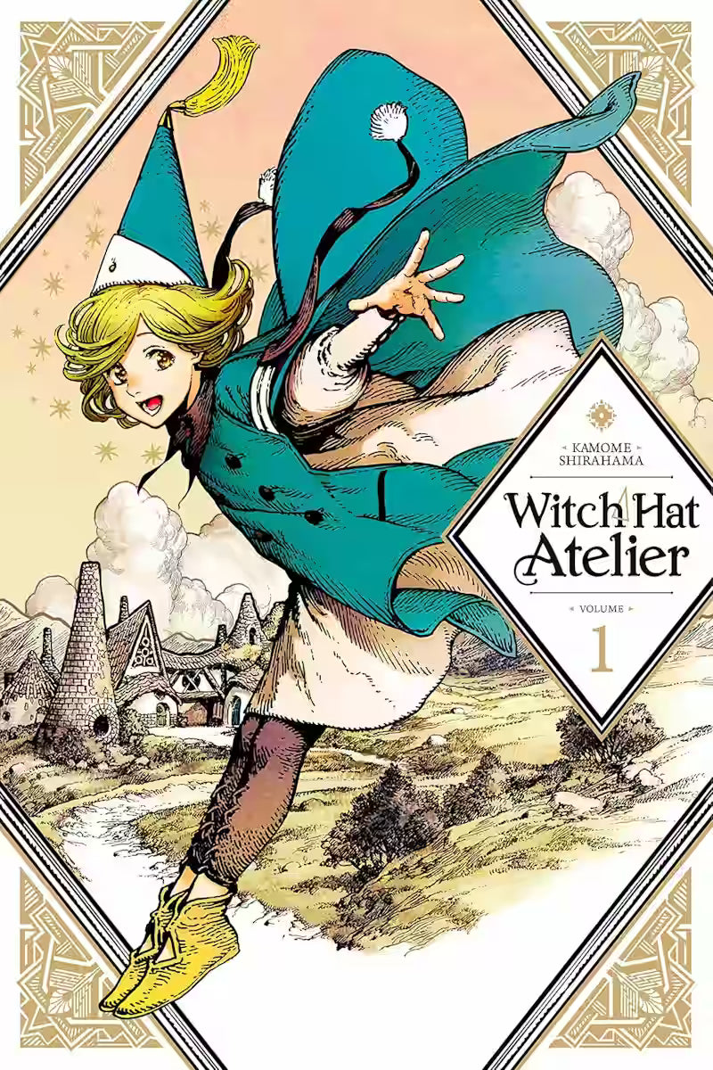 Image of Manga-forside til ‘Witch Hat Atelier’ bind 1, der viser Coco springe frem i sin turkise kappe og spidse hat, omgivet af et varmt og eventyrligt landskab med små tårnhuse i baggrunden.