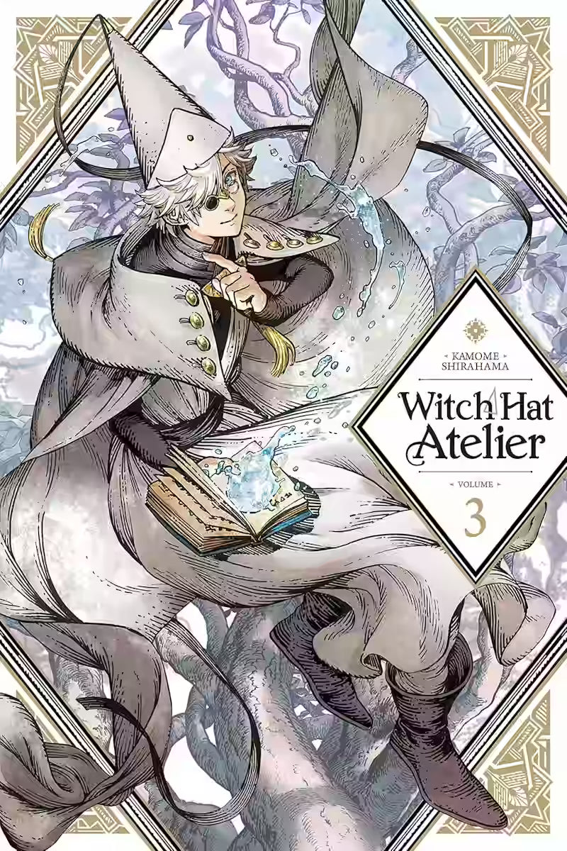 Image of Manga-forside til ‘Witch Hat Atelier’ bind 3, der viser Qifrey i en lys kappe, svævende mellem forvredne trækroner med en åben bog og spiraler af vandmagi omkring sig.
