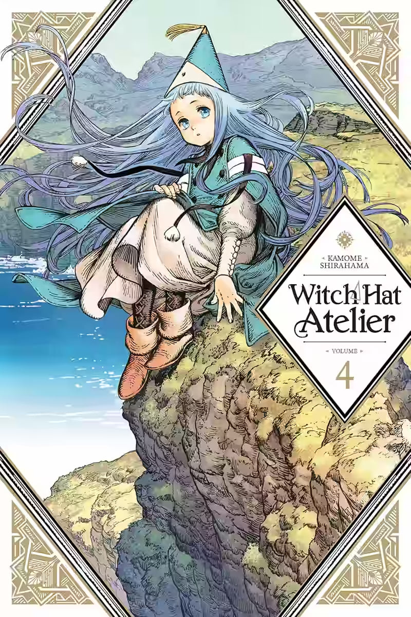 Image of Manga-forside til ‘Witch Hat Atelier’ bind 4, der viser Richie siddende på en klippekant med blafrende blå hår og kappe, mens landskab og sø breder sig i baggrunden.