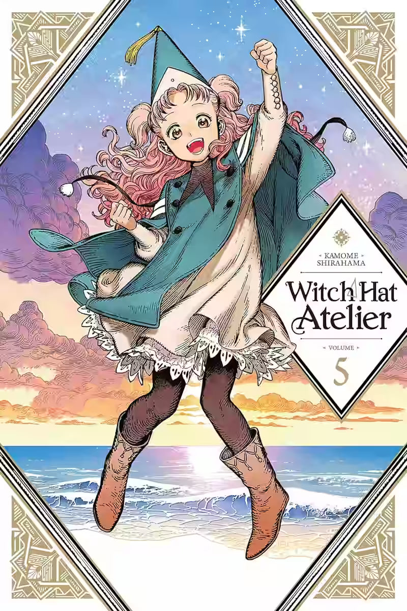 Manga-forside til ‘Witch Hat Atelier’ bind 5, der viser Tetia springe glad foran en farverig himmel og havets bølger, med hendes lyserøde hår dansende i vinden.