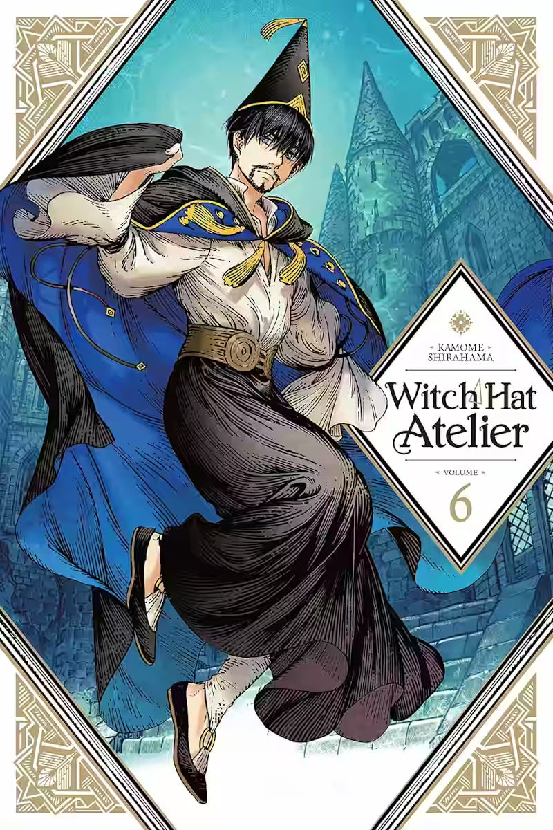 Image of Manga-forside til ‘Witch Hat Atelier’ bind 6, der viser Olruggio i blå kappe og høj hat, stående foran et slot, mens hans kappe blafrer dramatisk omkring ham.