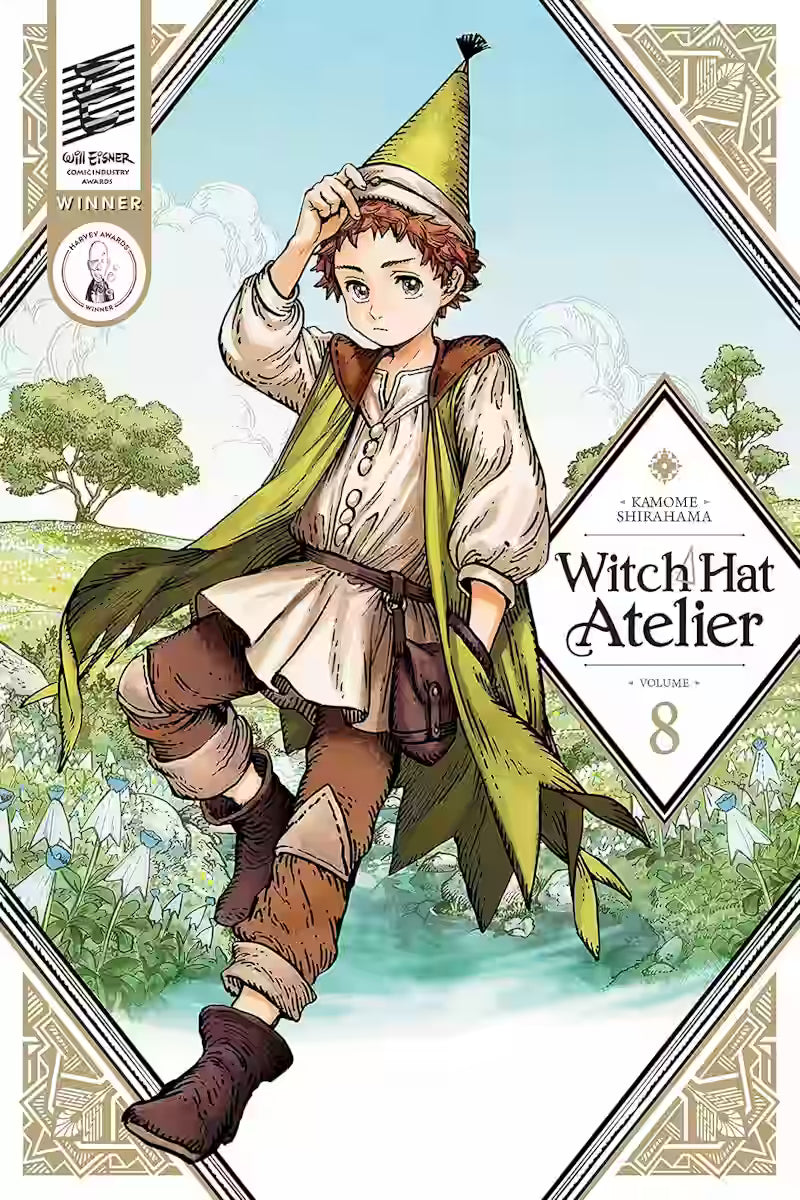Manga-forside til ‘Witch Hat Atelier’ bind 8, der viser Tartah midt på en blomstrende eng, iført sin grønne vest og spidshue, mens han løfter hatten let i en høflig gestus.