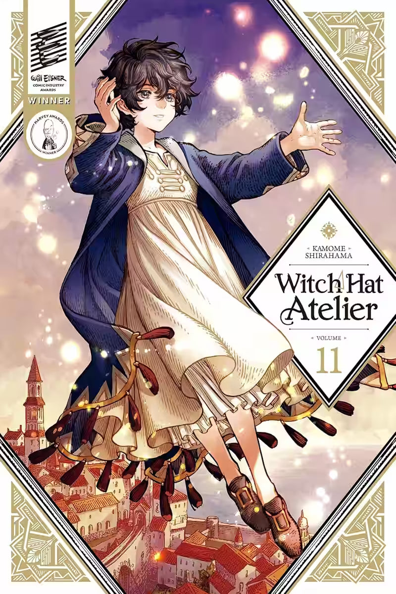 Manga-forside til ‘Witch Hat Atelier’ bind 11, der viser Agott svævende over en by med varme, gyldne lys, mens gnistrende magi folder sig ud omkring hende.