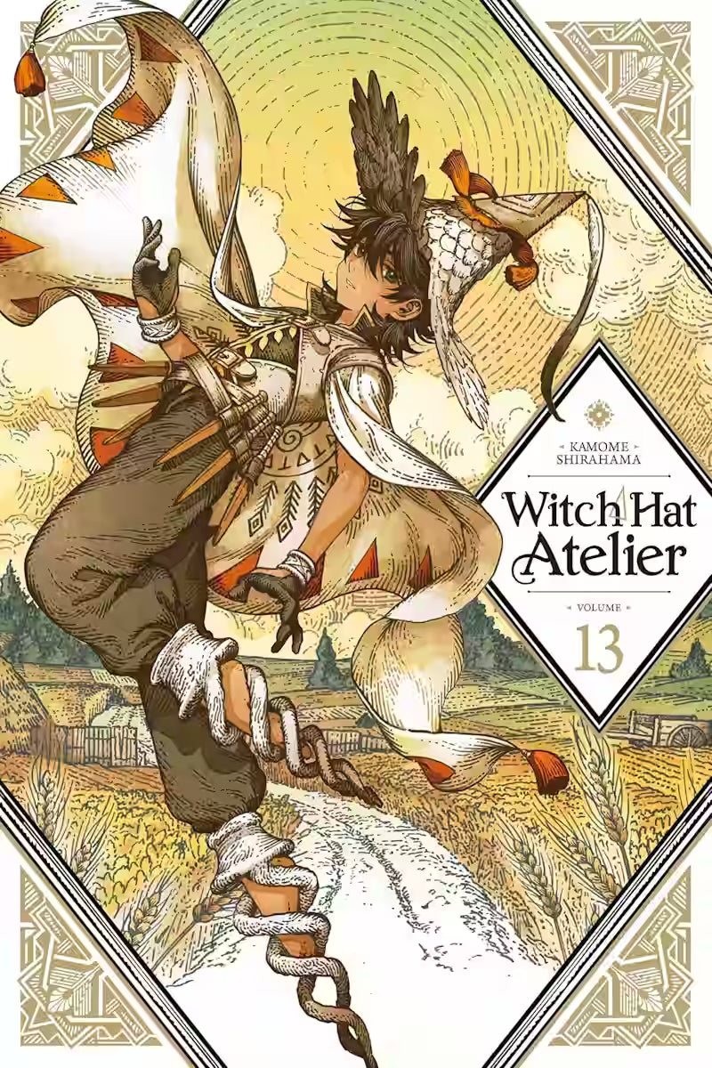 Image of Manga-forside til ‘Witch Hat Atelier’ bind 13, der viser Custas i et lyst, fugleinspireret kostume, svævende over en solbeskinnet marksti med hvede og bjerglandskab i baggrunden.