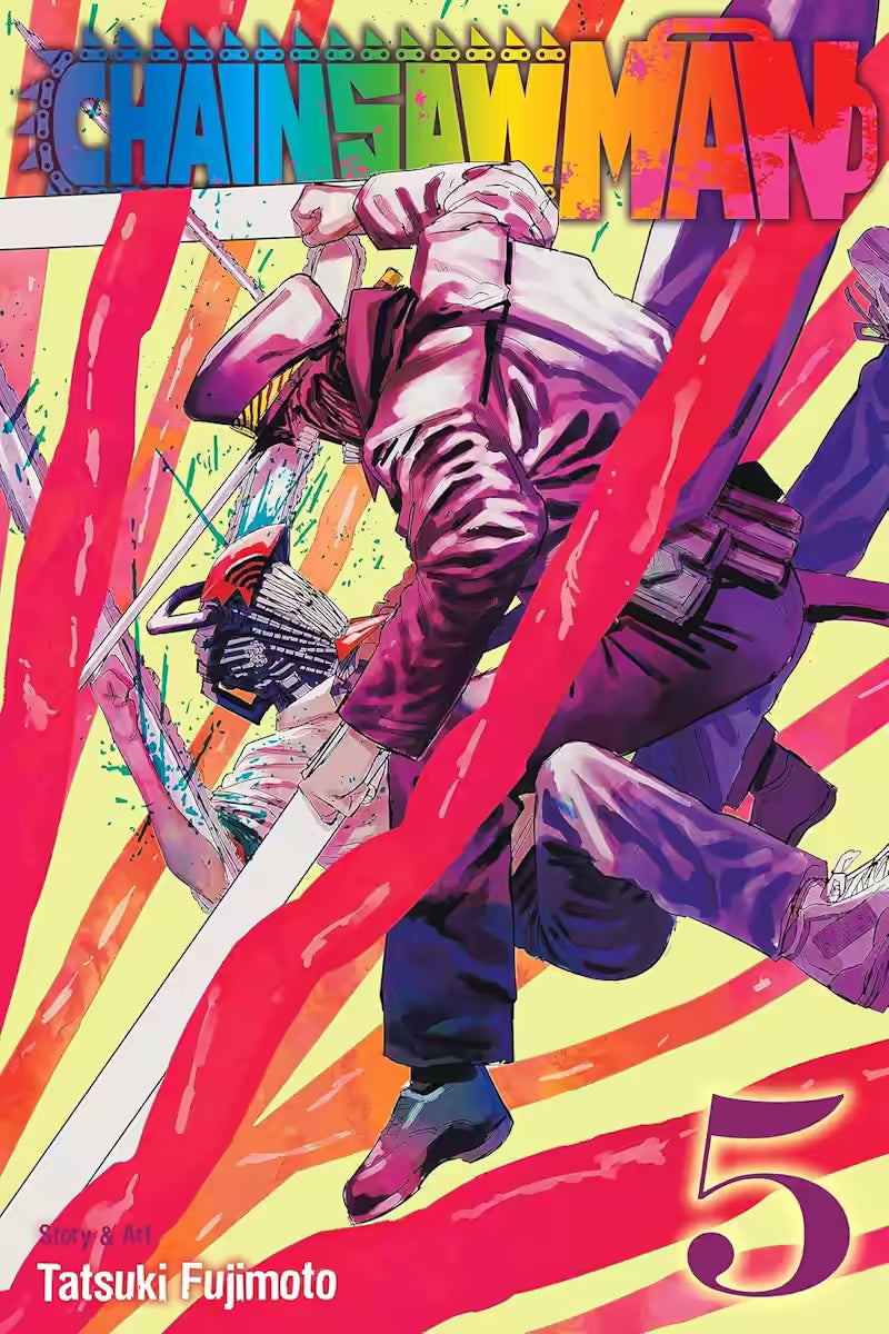 Manga-forside til ‘Chainsaw Man’ bind 5, der viser Denji i kamp som Chainsaw Man omgivet af stærke røde og gule strøg, mens motorsavene skærer gennem billedet i et voldsomt diagonalmotiv.